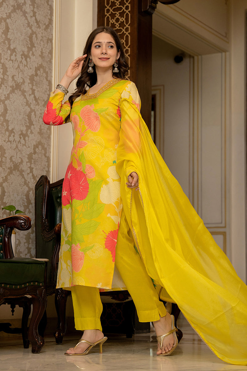 Yellow Rayon Blend Floral Printed Straight Trouser Bottom Suit Set | SHOBITAM