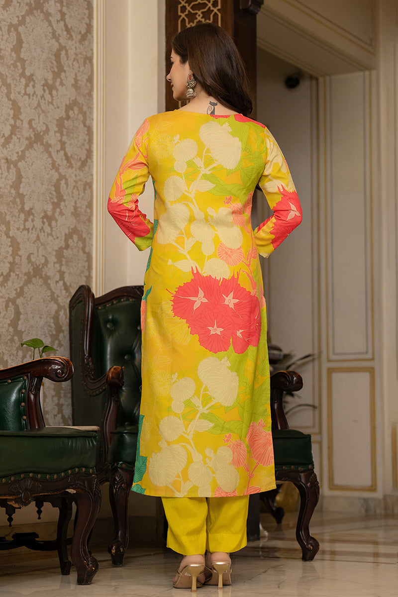 Yellow Rayon Blend Floral Printed Straight Trouser Bottom Suit Set | SHOBITAM