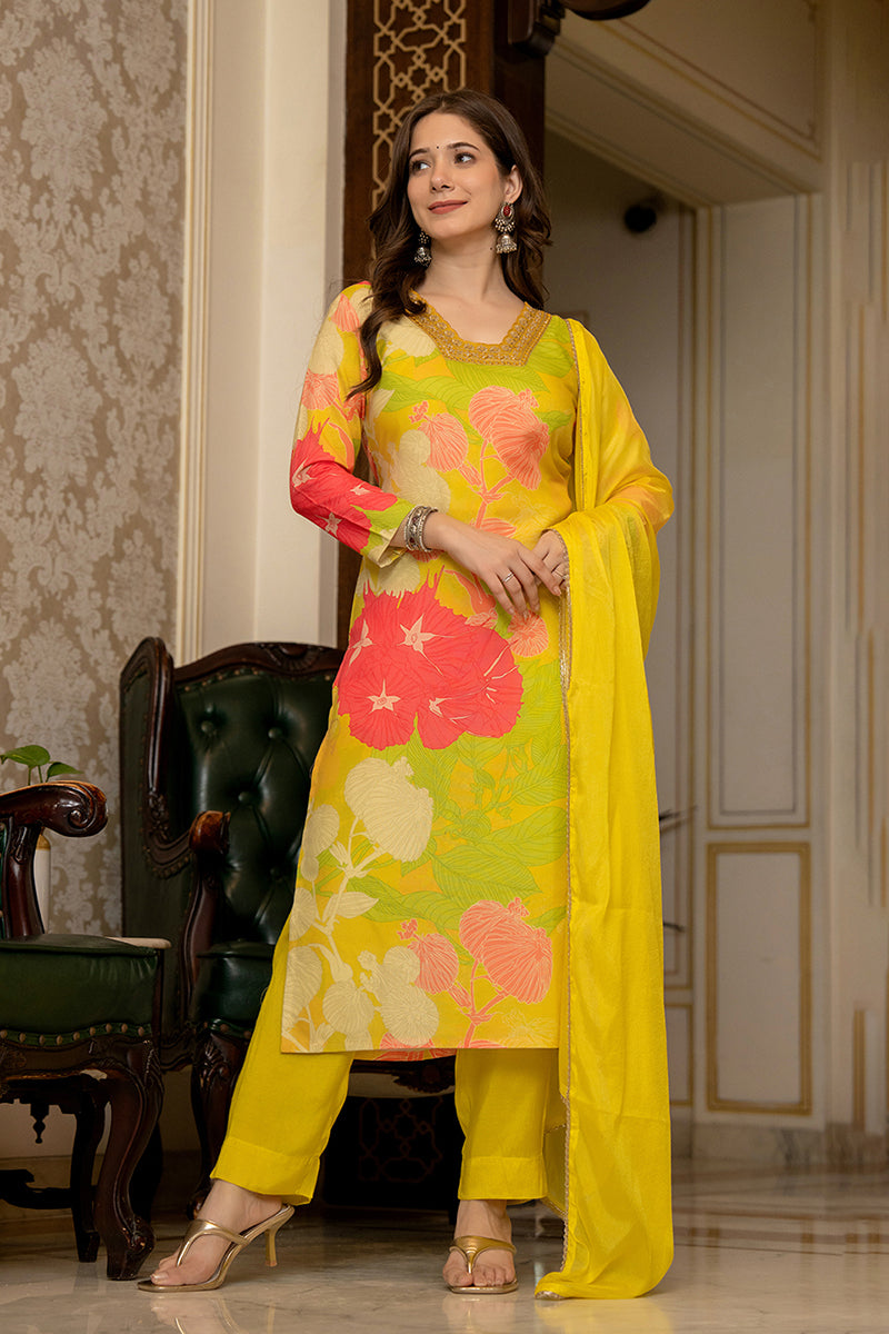 Yellow Rayon Blend Floral Printed Straight Trouser Bottom Suit Set | SHOBITAM