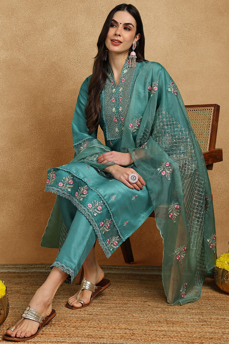 Teal Green Silk Blend Solid Embroidered Straight Suit Set | SHOBITAM