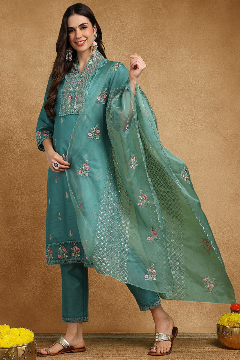 Teal Green Silk Blend Solid Embroidered Straight Suit Set | SHOBITAM