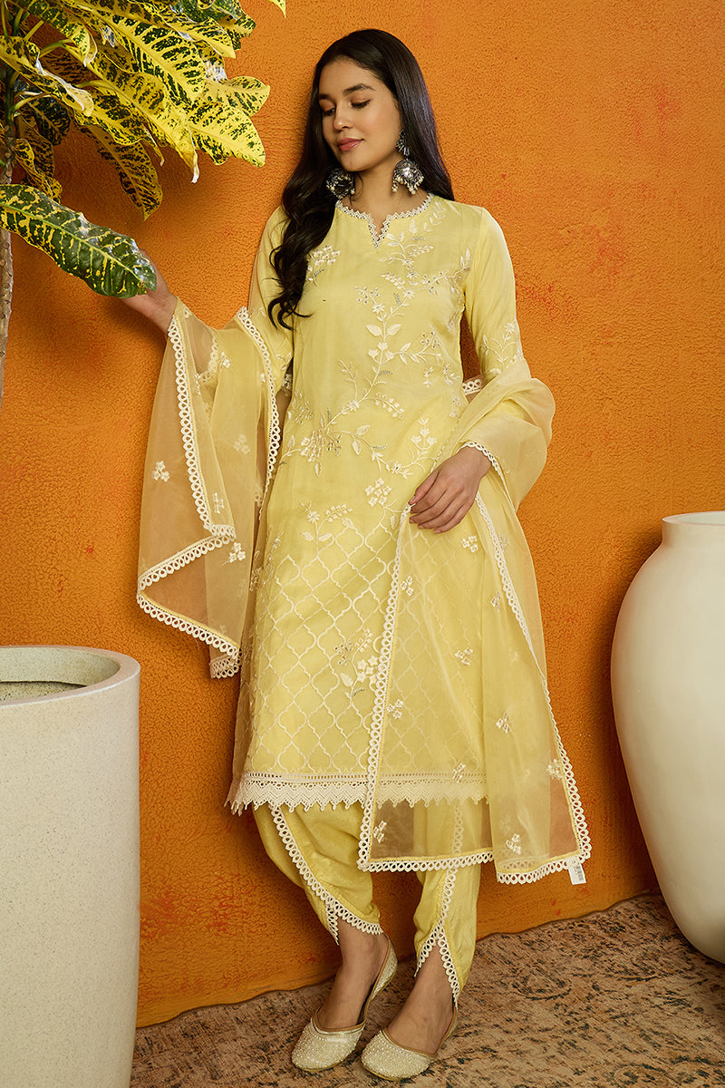 Yellow Organza Solid Embroidered A-Line Dhoti Bottom Suit Set | SHOBITAM