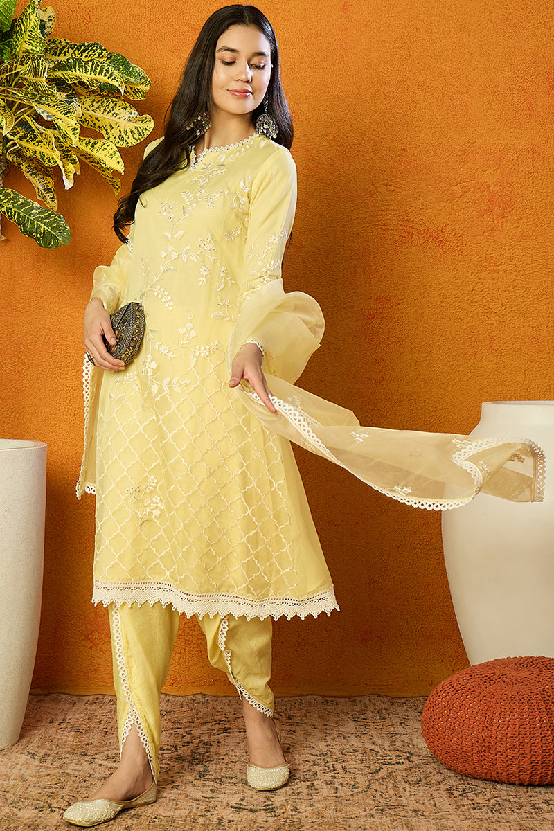 Yellow Organza Solid Embroidered A-Line Dhoti Bottom Suit Set | SHOBITAM
