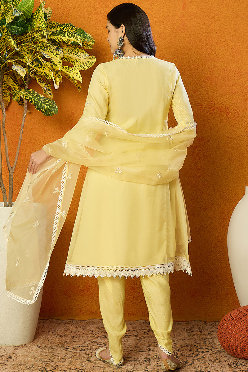 Yellow Organza Solid Embroidered A-Line Dhoti Bottom Suit Set | SHOBITAM