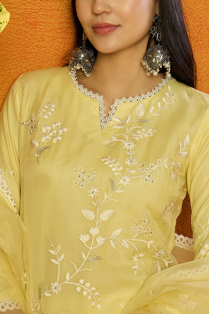 Yellow Organza Solid Embroidered A-Line Dhoti Bottom Suit Set | SHOBITAM