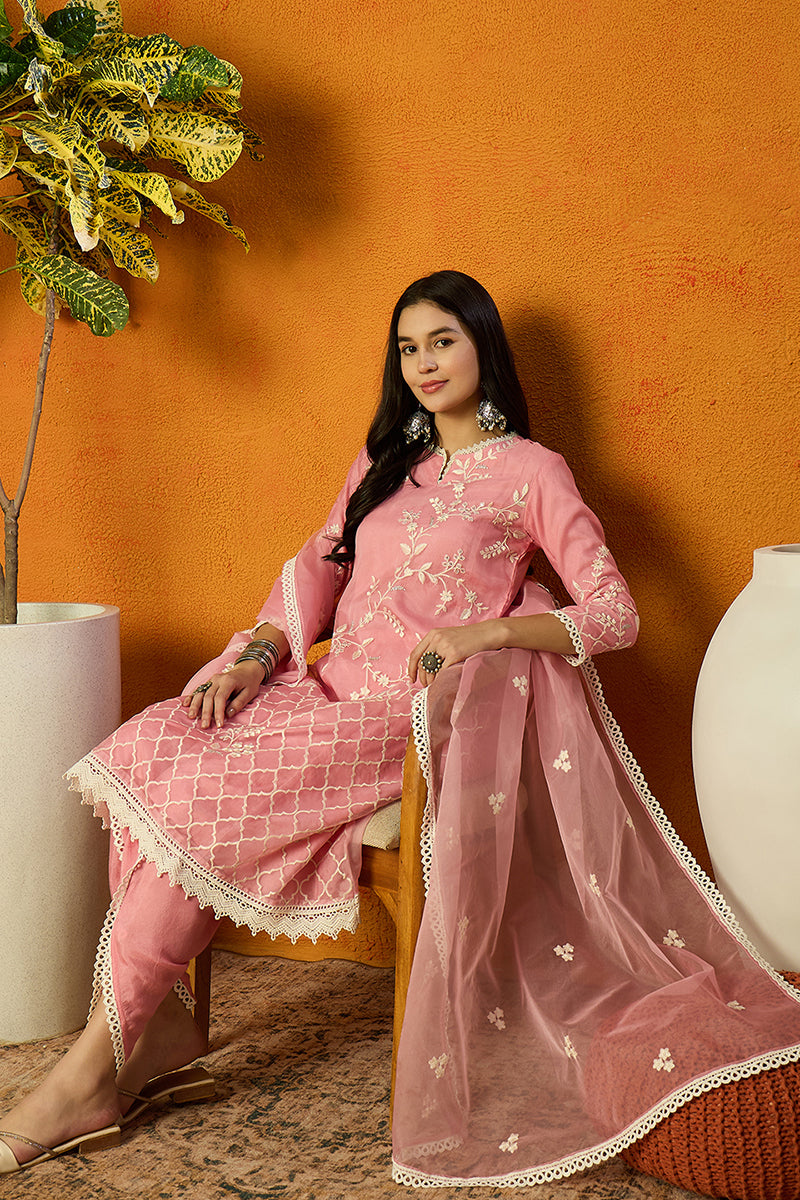 Pink Organza Solid Embroidered A-Line Dhoti Style Suit Set | SHOBITAM