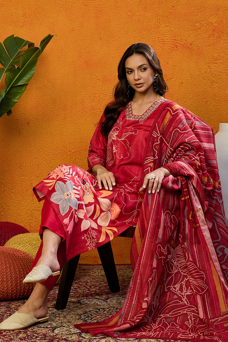 Red Silk Blend Floral Printed Straight Suit Set | SHOBITAM