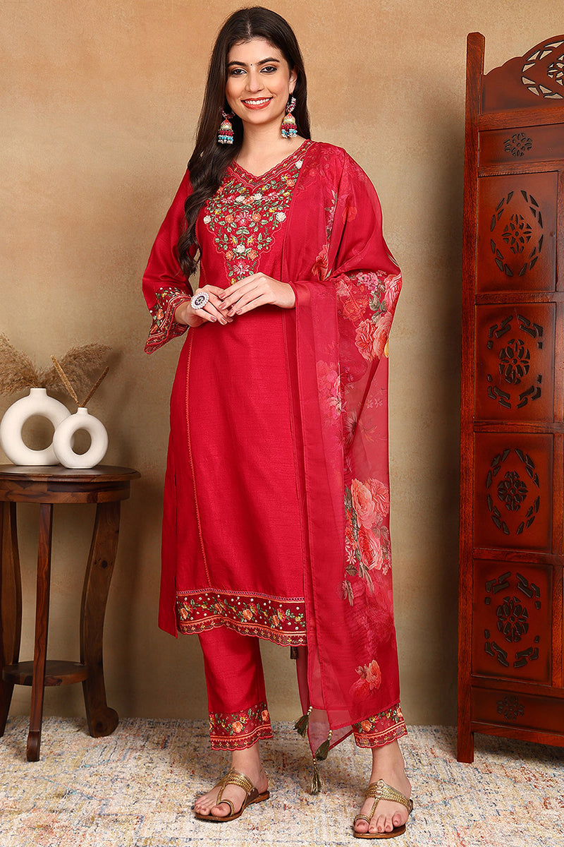 Rani Pink Silk Blend Solid Embroidered Straight Trouser Bottom Suit Set | SHOBITAM