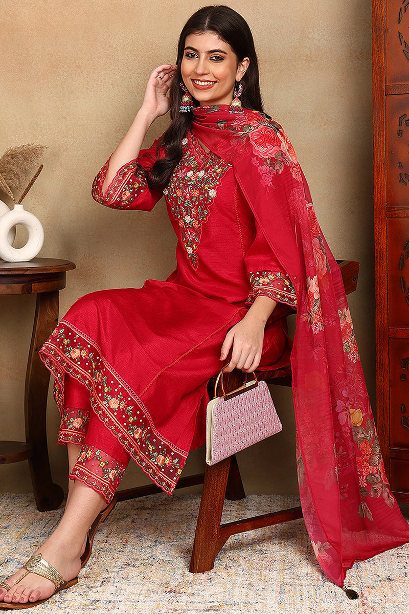 Rani Pink Silk Blend Solid Embroidered Straight Trouser Bottom Suit Set | SHOBITAM