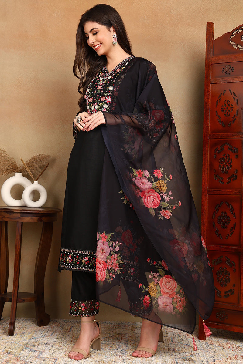 Black Silk Blend Solid Embroidered Straight Trouser Bottom Suit Set | SHOBITAM