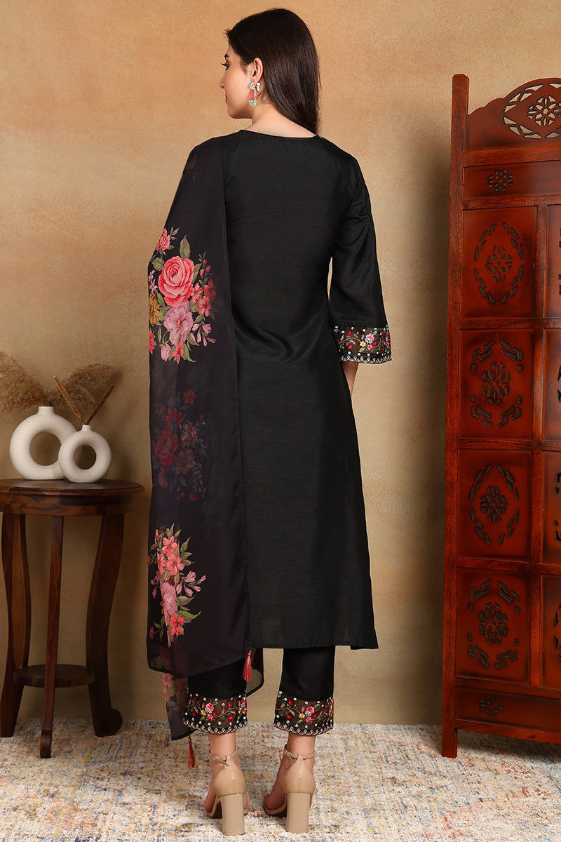 Black Silk Blend Solid Embroidered Straight Trouser Bottom Suit Set | SHOBITAM