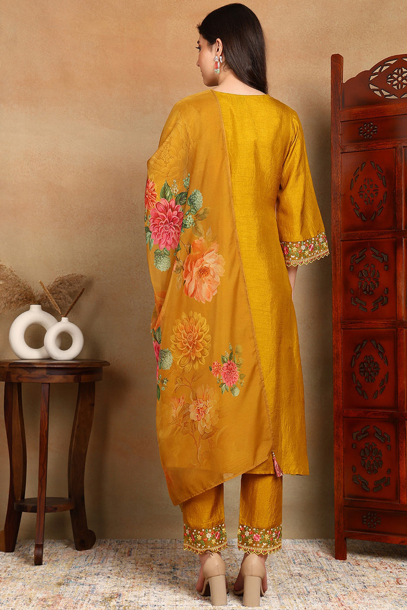 Mustard Yellow Silk Blend Solid Embroidered Straight Trouser Bottom Suit Set | SHOBITAM