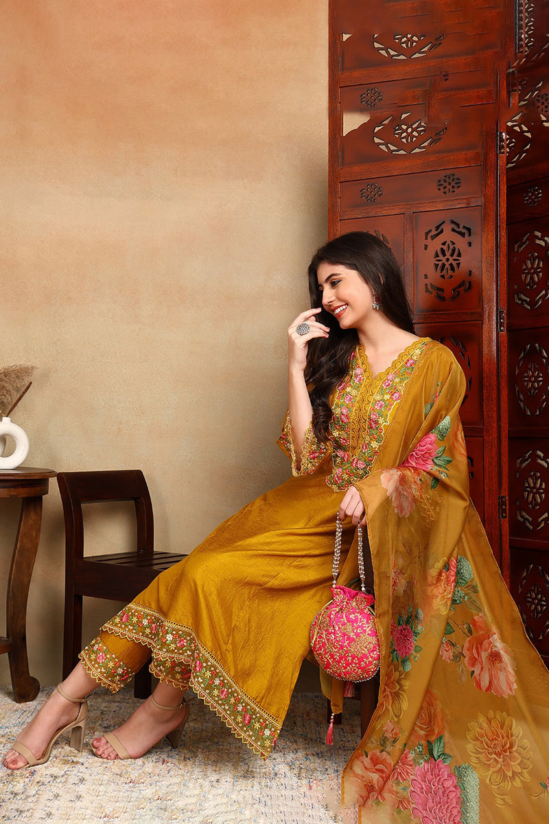 Mustard Yellow Silk Blend Solid Embroidered Straight Trouser Bottom Suit Set | SHOBITAM