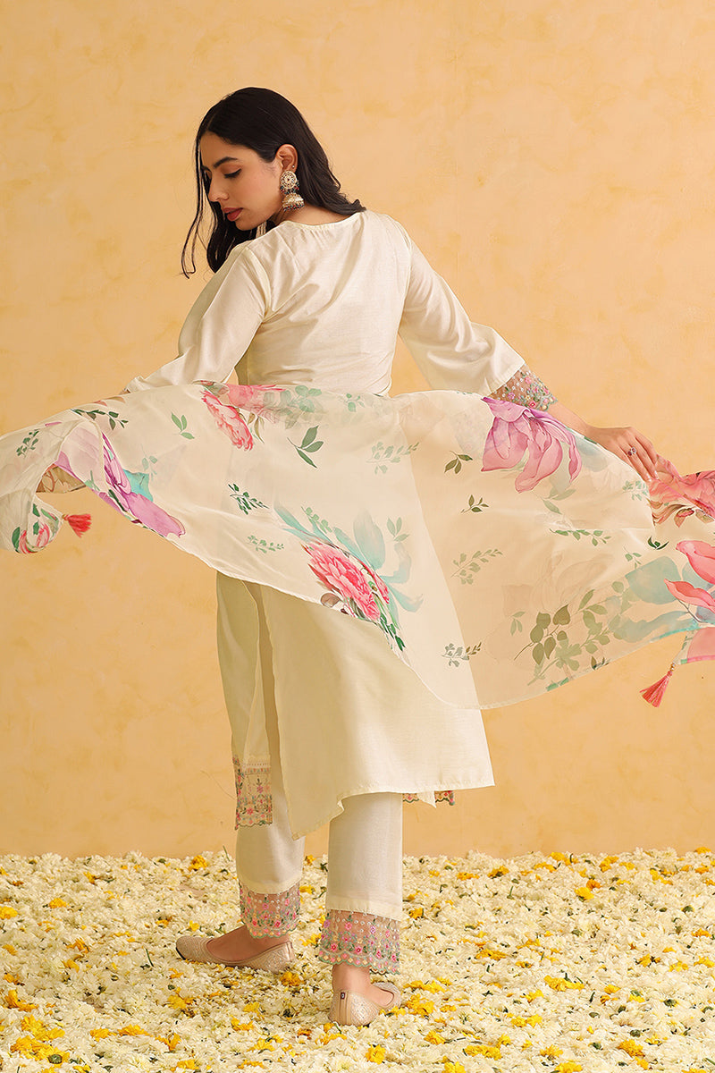 Off White Silk Blend Solid Embroidered Straight Trouser Bottom Suit Set | SHOBITAM