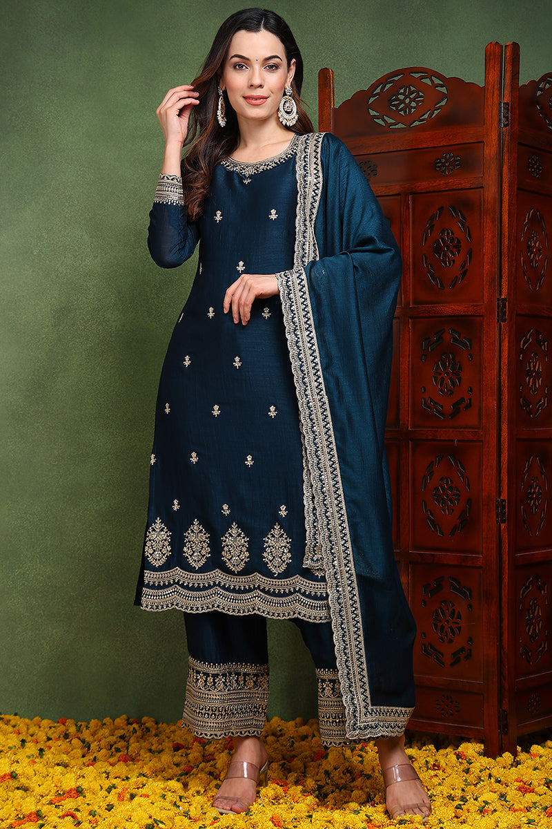 Dark Blue Silk Blend Solid Embroidered Straight Suit Set | SHOBITAM