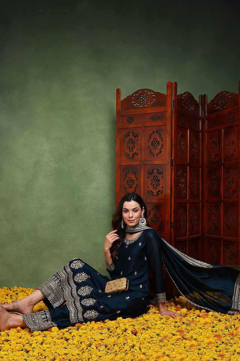 Dark Blue Silk Blend Solid Embroidered Straight Suit Set | SHOBITAM