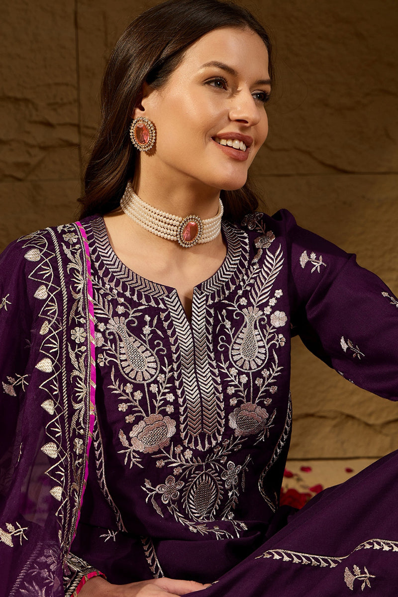 Purple Silk Blend Yoke Design Zari Straight Palazzo Suit Set  | SHOBITAM