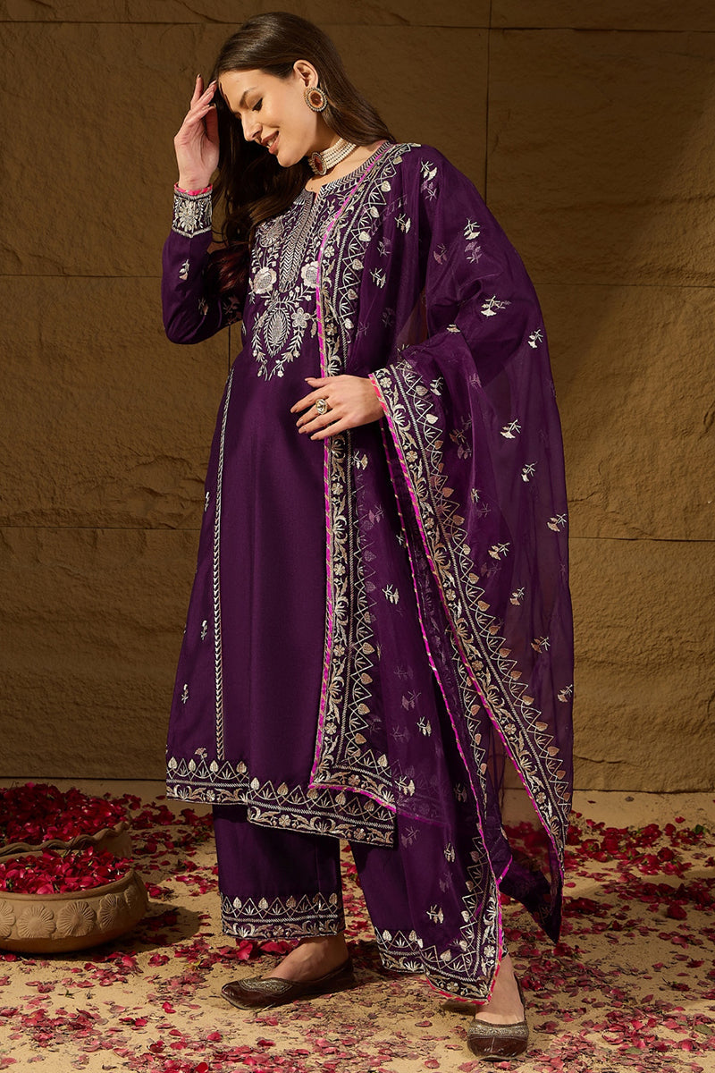 Purple Silk Blend Yoke Design Zari Straight Palazzo Suit Set  | SHOBITAM
