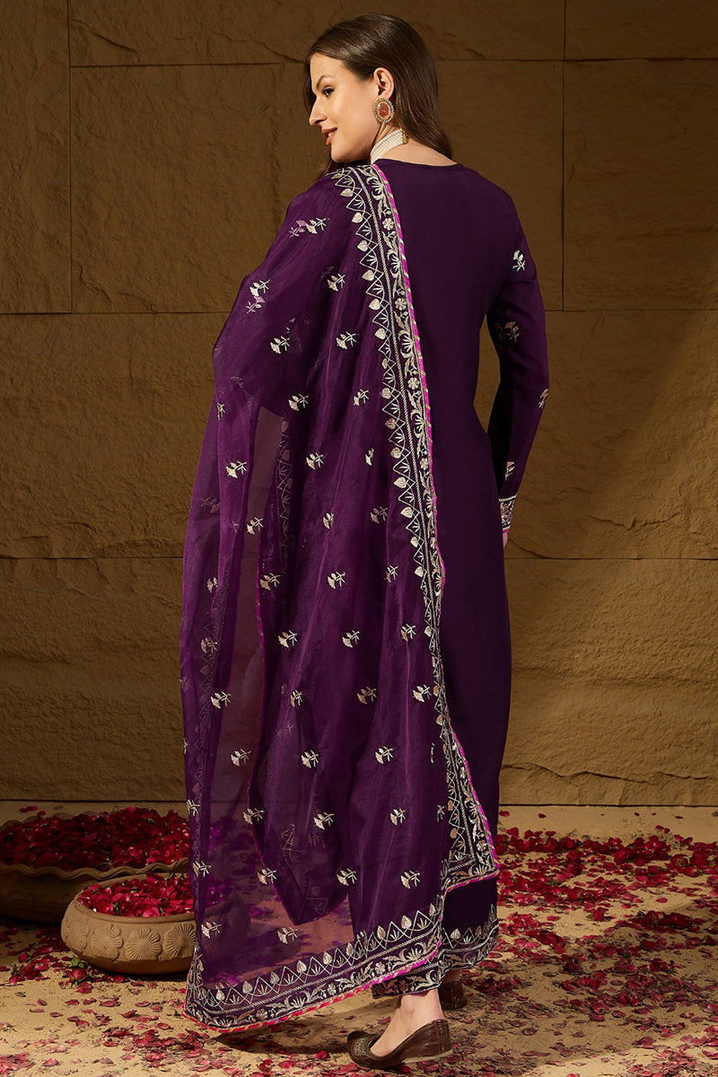 Purple Silk Blend Yoke Design Zari Straight Palazzo Suit Set  | SHOBITAM