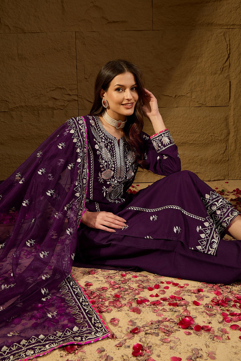 Purple Silk Blend Yoke Design Zari Straight Palazzo Suit Set  | SHOBITAM