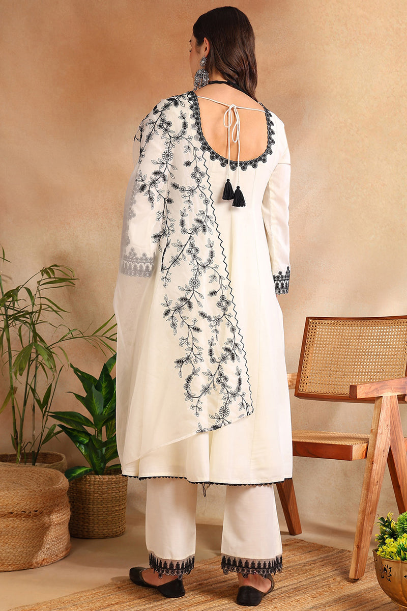 White Silk Blend Solid Embroidered Anarkali Trouser Suit Set | SHOBITAM