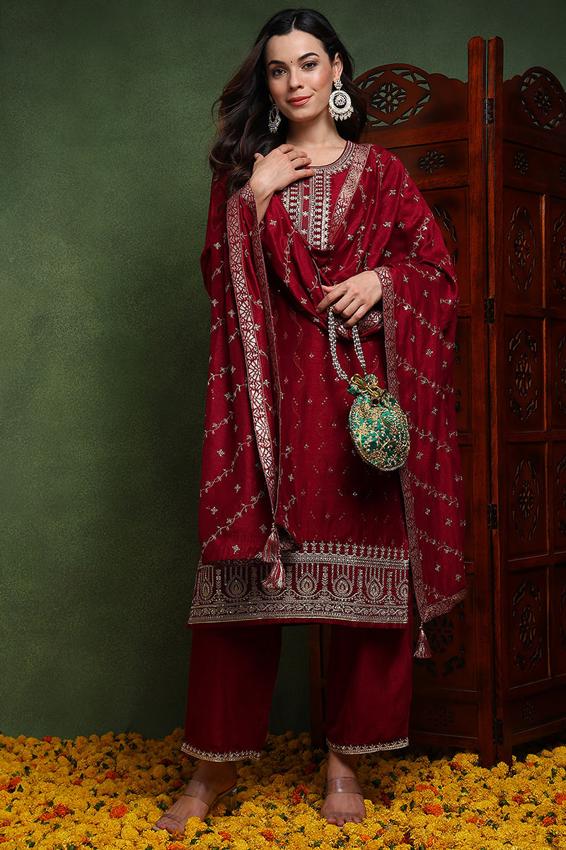 Maroon Silk Blend Solid Embroidered Straight Suit Set | SHOBITAM