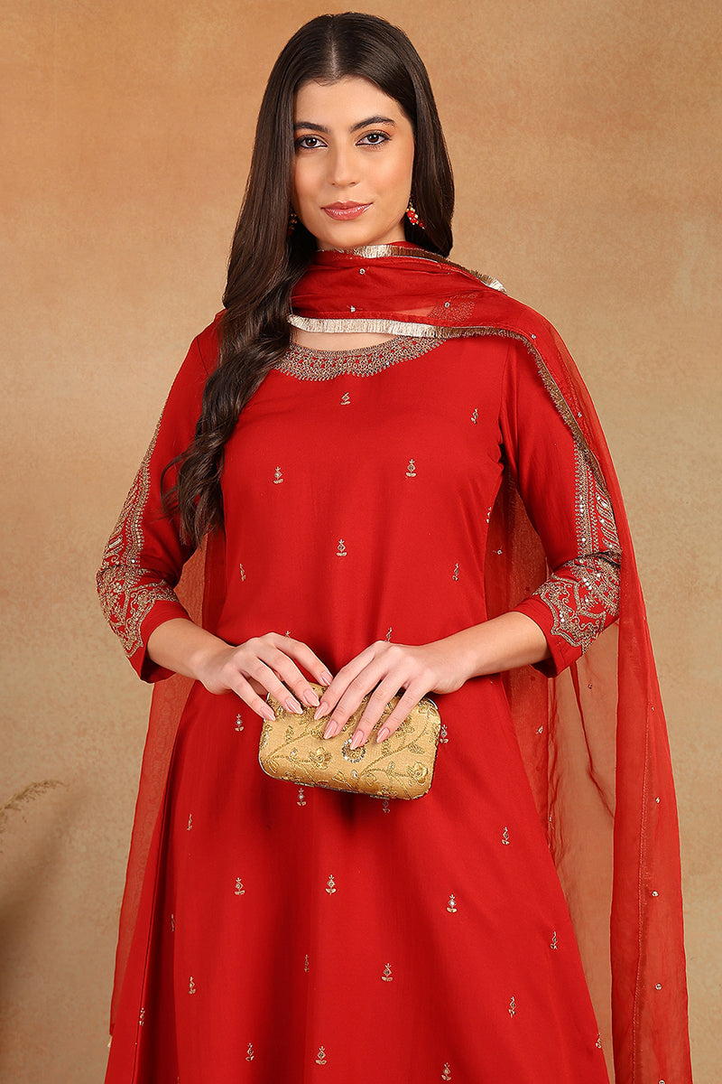 Red Silk Blend Solid Embroidered A-Line Trouser Bottom Suit Set | SHOBITAM