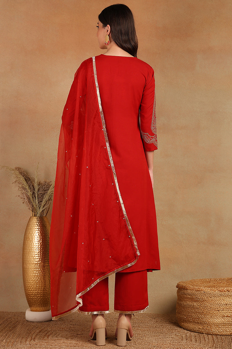 Red Silk Blend Solid Embroidered A-Line Trouser Bottom Suit Set | SHOBITAM