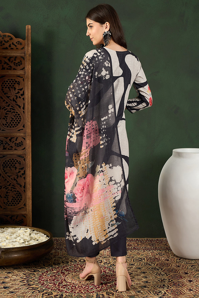 Black Rayon Blend Floral Printed Straight Trouser Bottom Suit Set | SHOBITAM