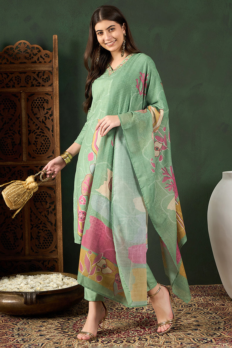 Green Rayon Blend Floral Printed Straight Trouser Bottom Suit Set | SHOBITAM
