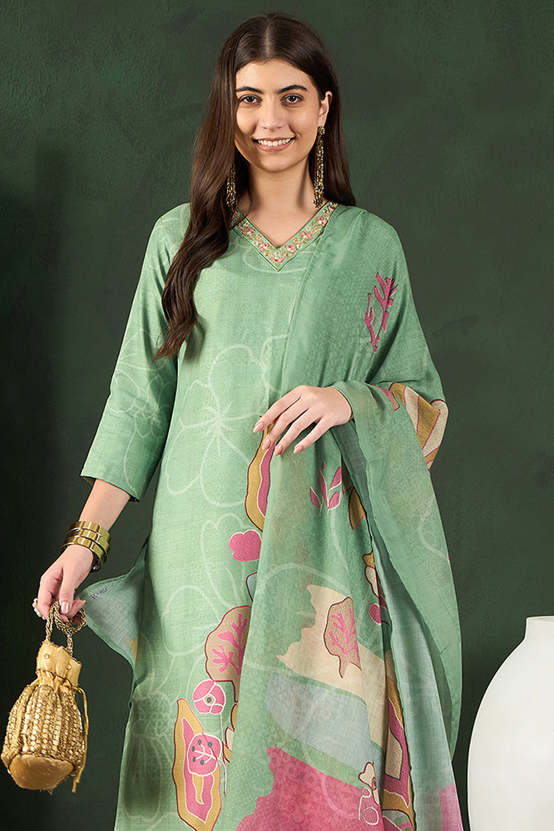 Green Rayon Blend Floral Printed Straight Trouser Bottom Suit Set | SHOBITAM