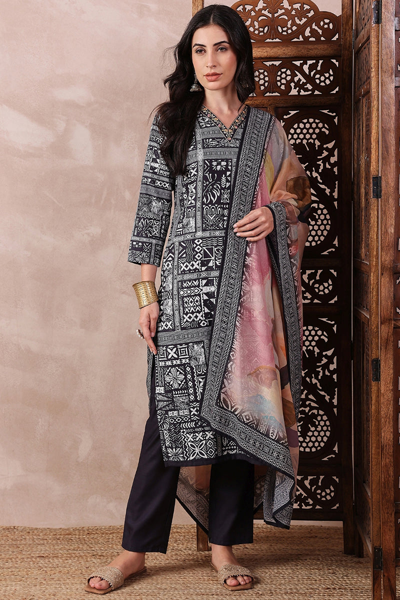 Black Rayon Blend Geometric Printed Straight Trouser Bottom Suit Set | SHOBITAM