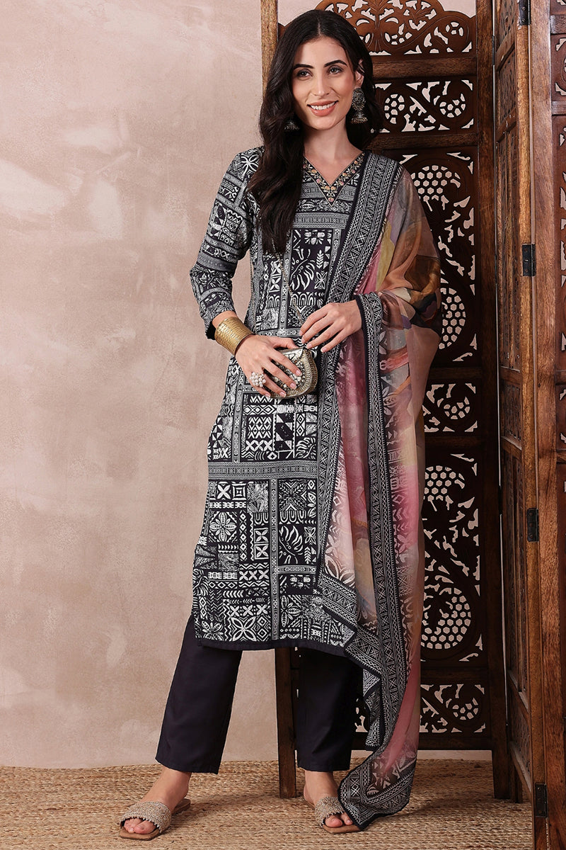 Black Rayon Blend Geometric Printed Straight Trouser Bottom Suit Set | SHOBITAM
