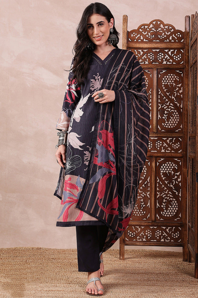 Black Rayon Blend Floral Printed Straight Trouser Bottom Suit Set | SHOBITAM