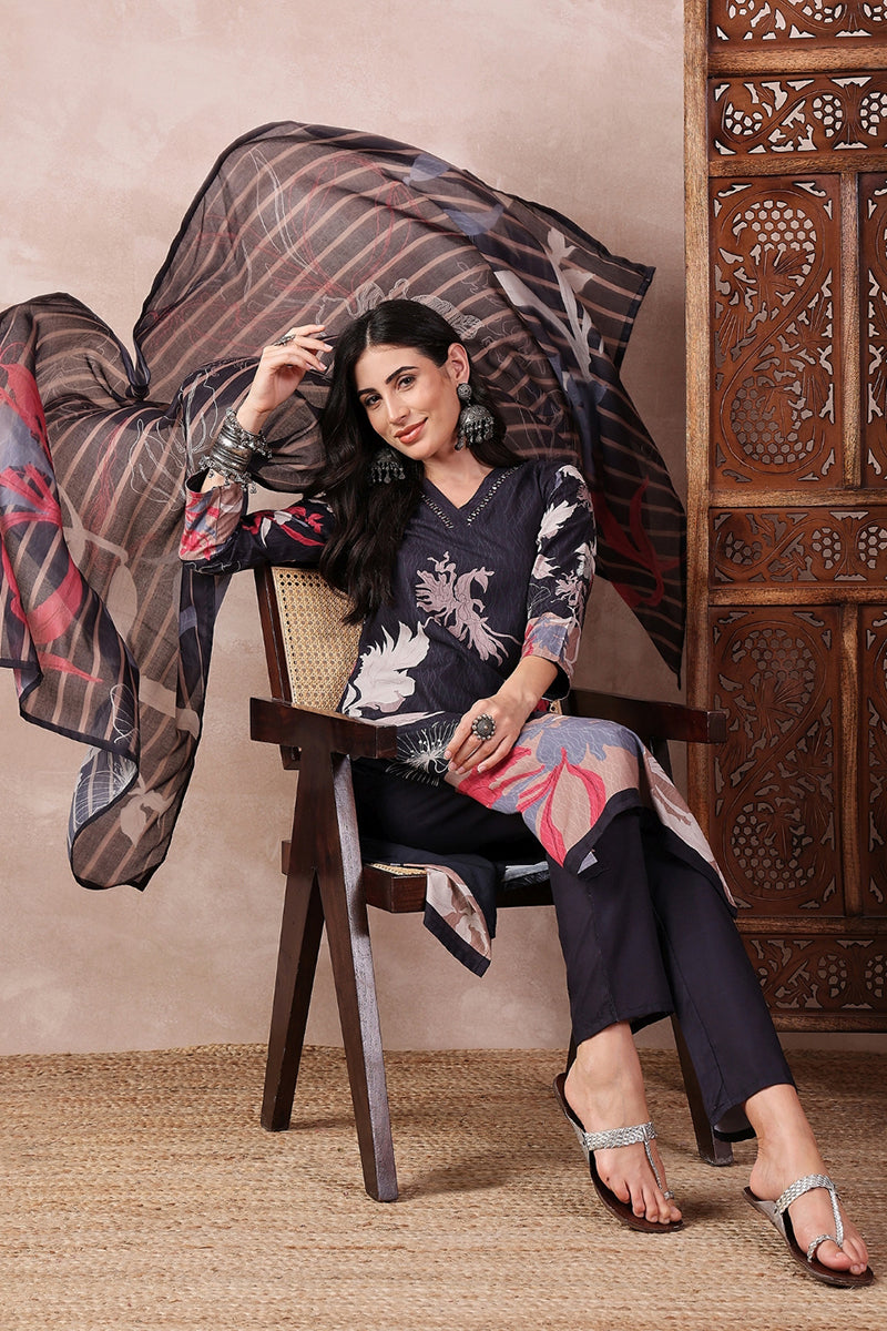 Black Rayon Blend Floral Printed Straight Trouser Bottom Suit Set | SHOBITAM