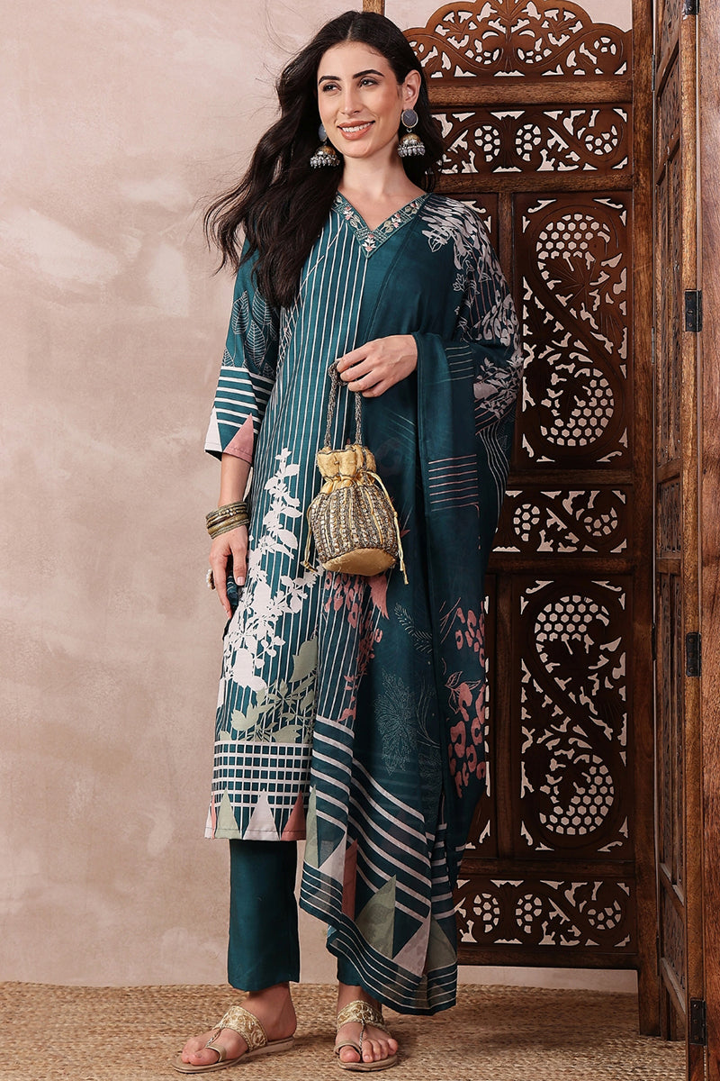Teal Blue Rayon Blend Abstract Printed Straight Trouser Bottom Suit Set | SHOBITAM