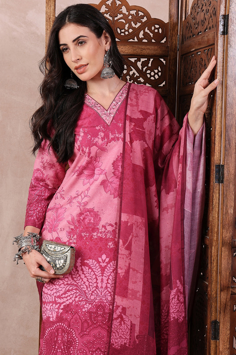 Pink Rayon Blend Ethnic Motifs Printed Straight Trouser Bottom Suit Set | SHOBITAM