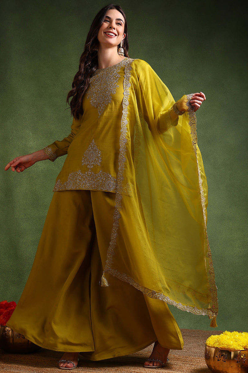 Lime Green Silk Blend Embroidered Straight Palazzo Suit Set | SHOBITAM