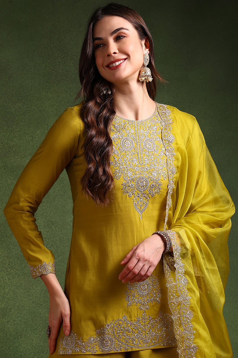 Lime Green Silk Blend Embroidered Straight Palazzo Suit Set | SHOBITAM