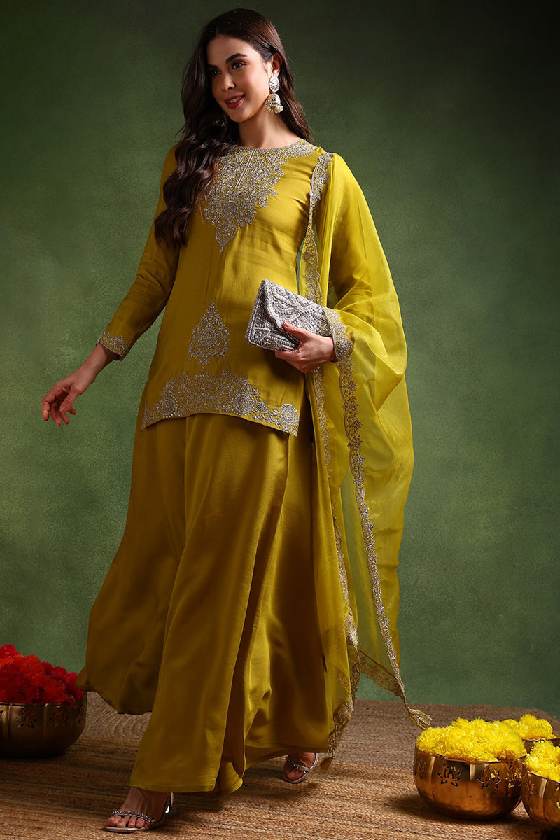 Lime Green Silk Blend Embroidered Straight Palazzo Suit Set | SHOBITAM