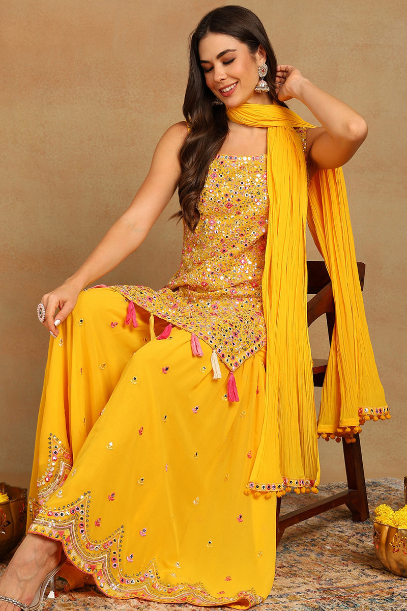 Yellow Georgette Solid Embroidered Straight Suit Set | SHOBITAM