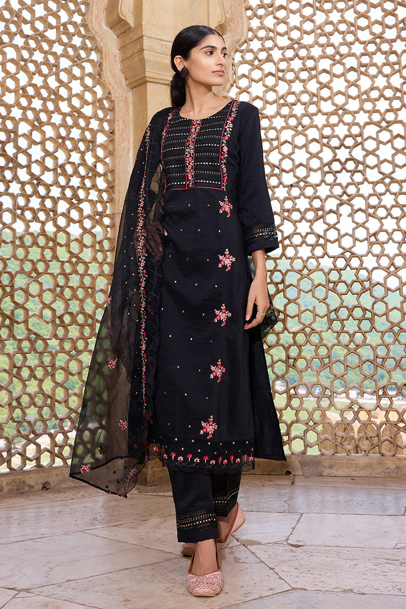 Black Silk Blend Solid Embroidered Straight Trouser Bottom Suit Set | SHOBITAM