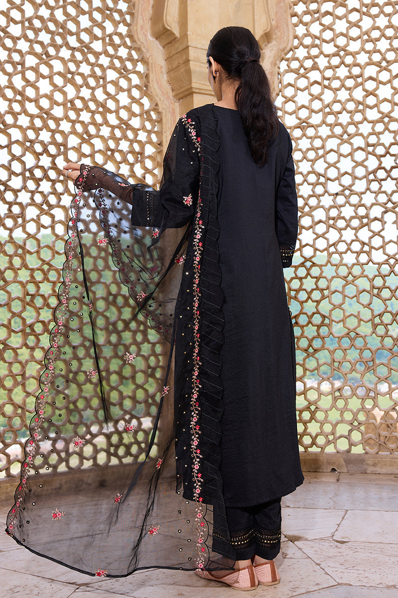 Black Silk Blend Solid Embroidered Straight Trouser Bottom Suit Set | SHOBITAM