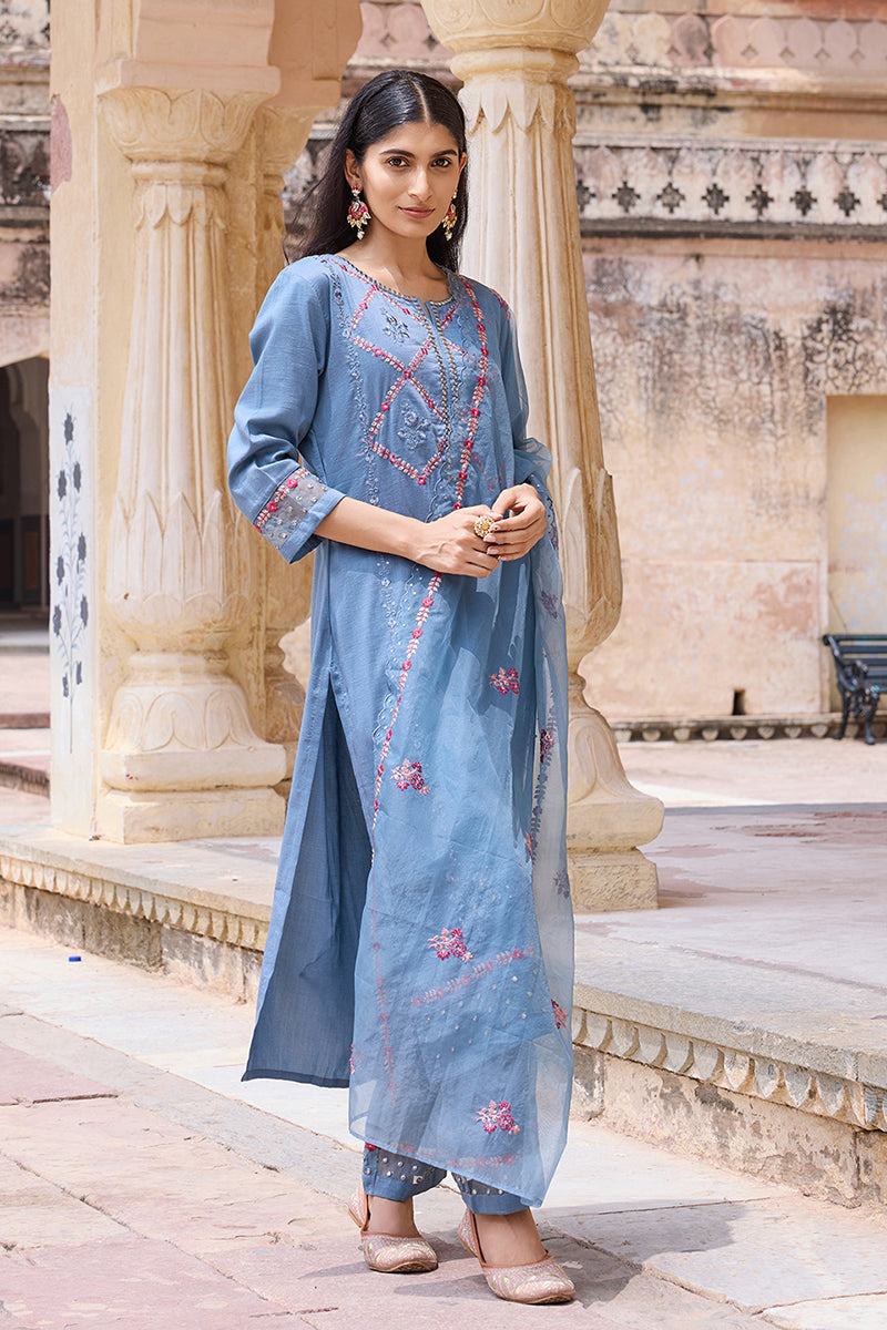 Blue Silk Blend Solid Embroidered Straight Trouser Bottom Suit Set | SHOBITAM