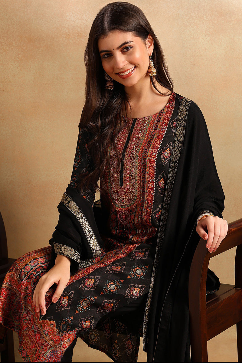 Black Chanderi Ethnic Motifs Woven Design Straight Trouser Suit Set | SHOBITAM