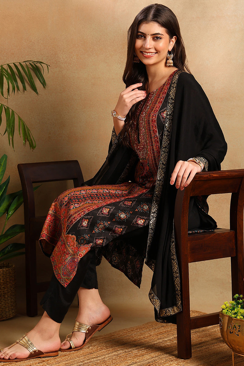 Black Chanderi Ethnic Motifs Woven Design Straight Trouser Suit Set | SHOBITAM