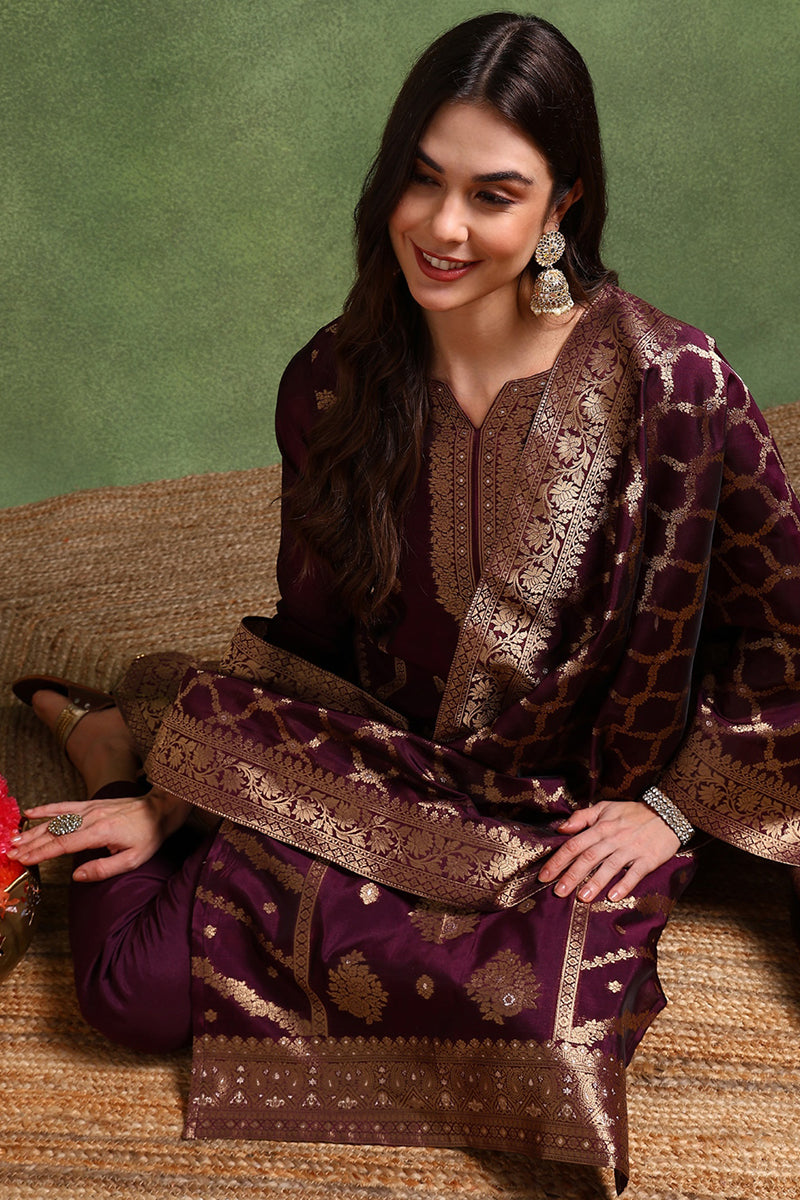 Dark Wine Chanderi Silk Woven Design Straight Trouser Suit Set | SHOBITAM