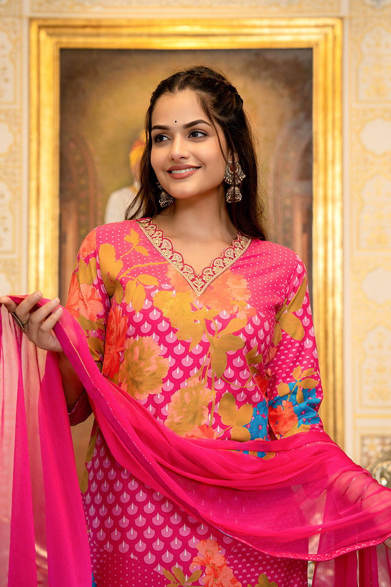 Pink Silk Blend Floral Printed Straight Suit Set With Trouser Bottom | SHOBITAM