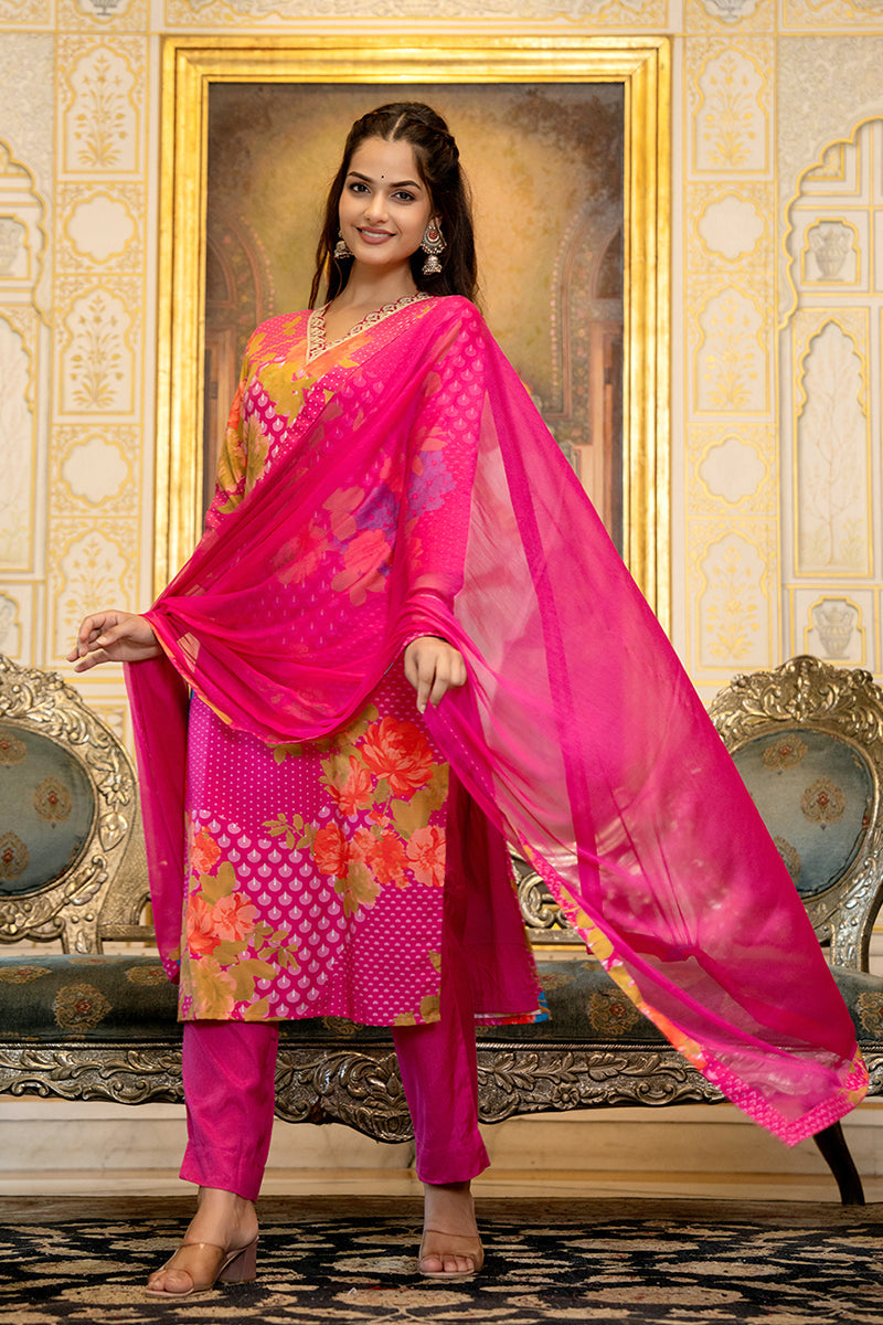 Pink Silk Blend Floral Printed Straight Suit Set With Trouser Bottom | SHOBITAM
