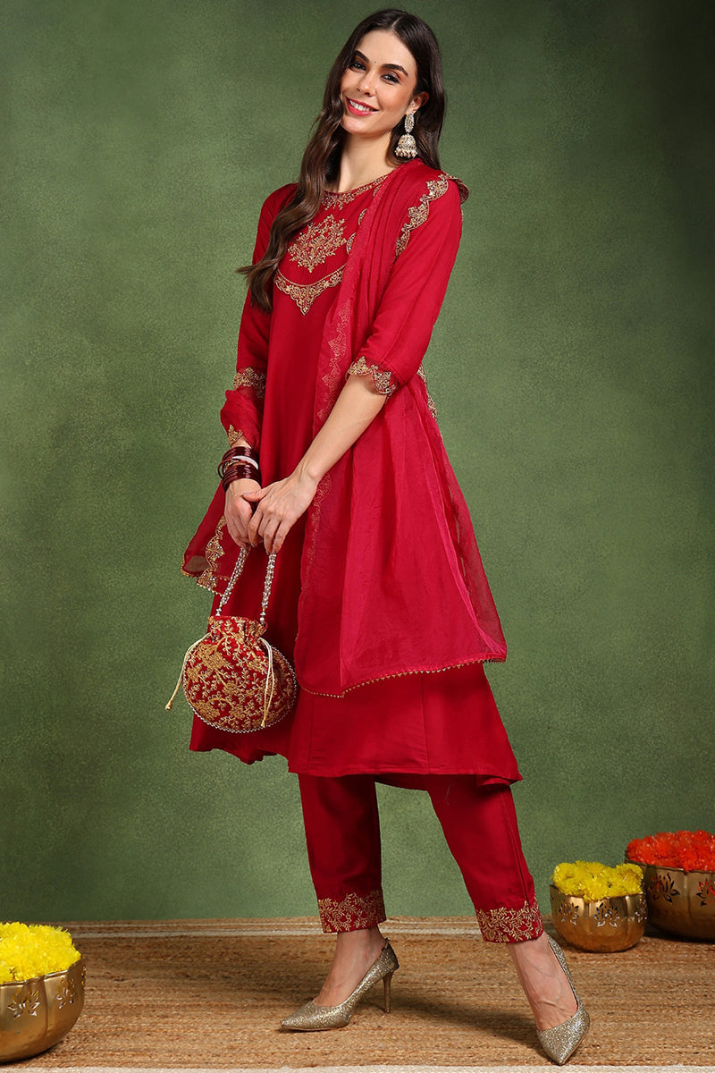 Pink Silk Blend Solid Embroidered Anarkali Suit Set With Trouser Style Bottom | SHOBITAM